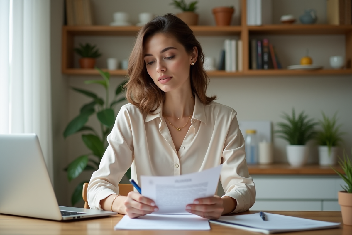 Femme travaillant à la maison avec ordinateur et documents