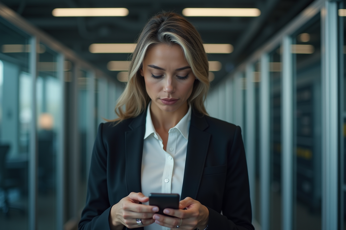 Femme vérifiant un hardware wallet dans un bureau professionnel