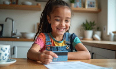 Fille de 10 ans souriante avec carte bancaire et relevé