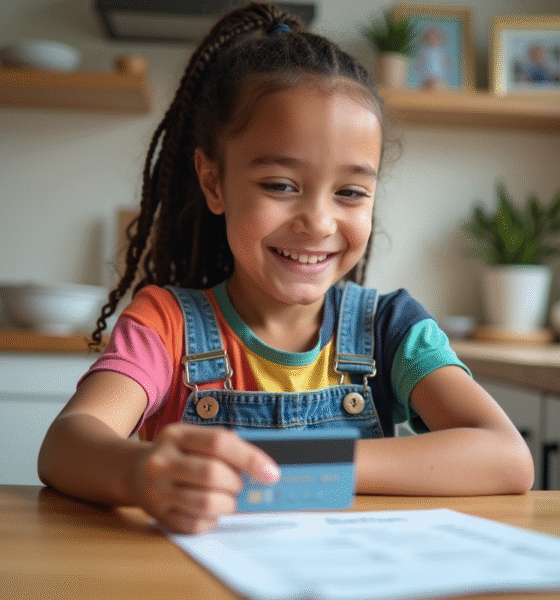 Fille de 10 ans souriante avec carte bancaire et relevé