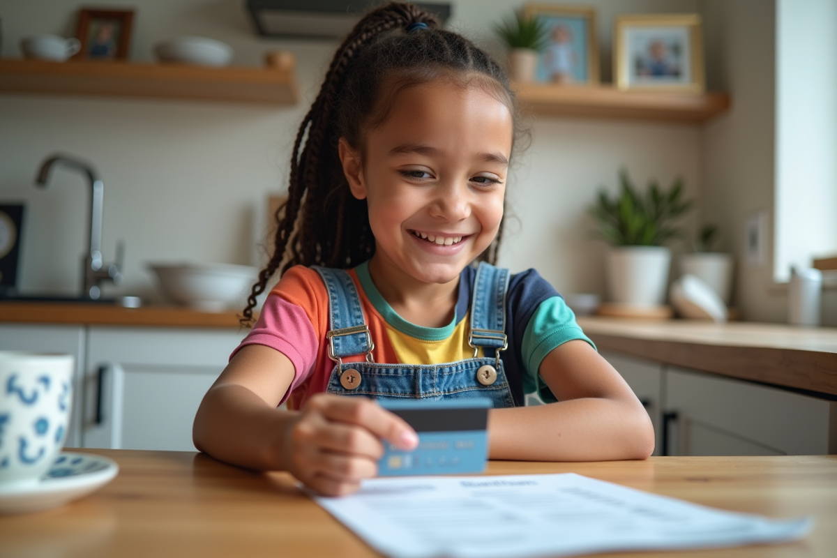 Fille de 10 ans souriante avec carte bancaire et relevé