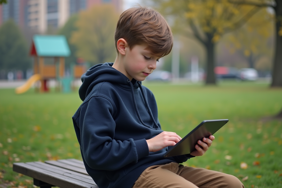 Garçon de 12 ans utilisant une tablette en parc