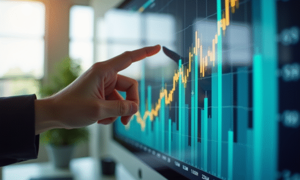 Main d'un professionnel pointant un graphique digital en hausse
