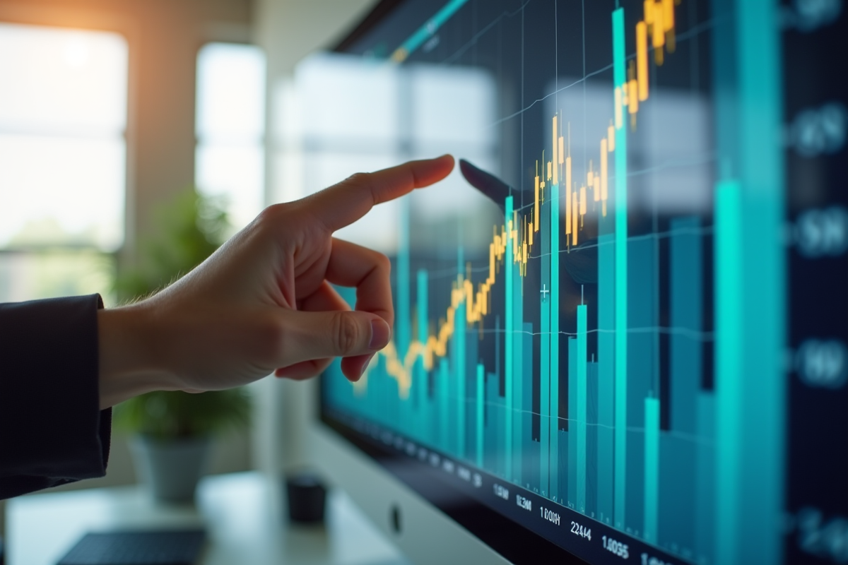 Main d'un professionnel pointant un graphique digital en hausse