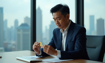 Homme d'affaires chinois étudiant un bitcoin dans un bureau