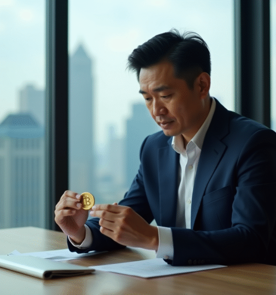 Homme d'affaires chinois étudiant un bitcoin dans un bureau