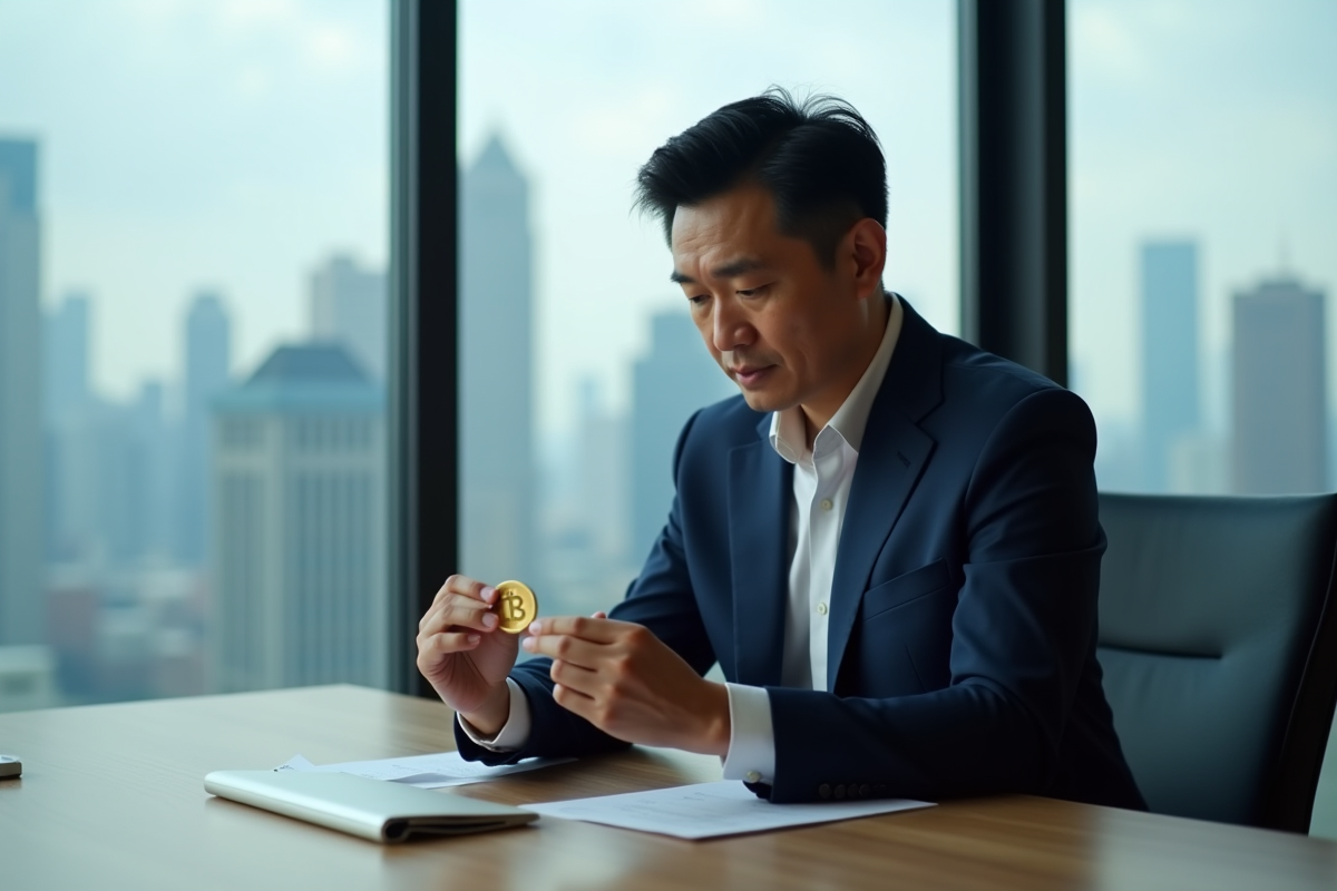 Homme d'affaires chinois étudiant un bitcoin dans un bureau