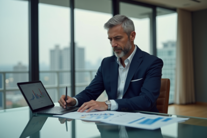 Homme d'affaires en costume bleu au bureau moderne