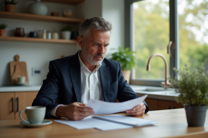Homme d'affaires en costume examine ses relevés bancaires à la maison