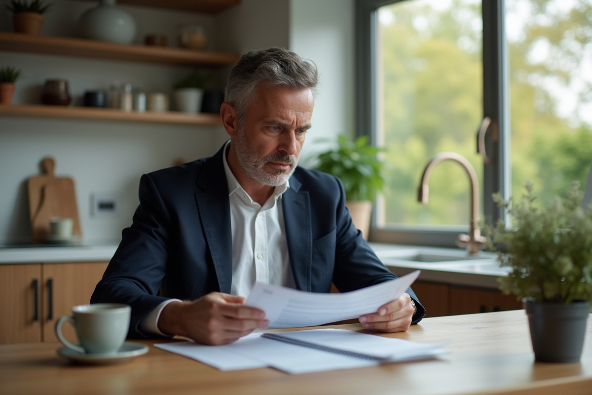 Homme d'affaires en costume examine ses relevés bancaires à la maison