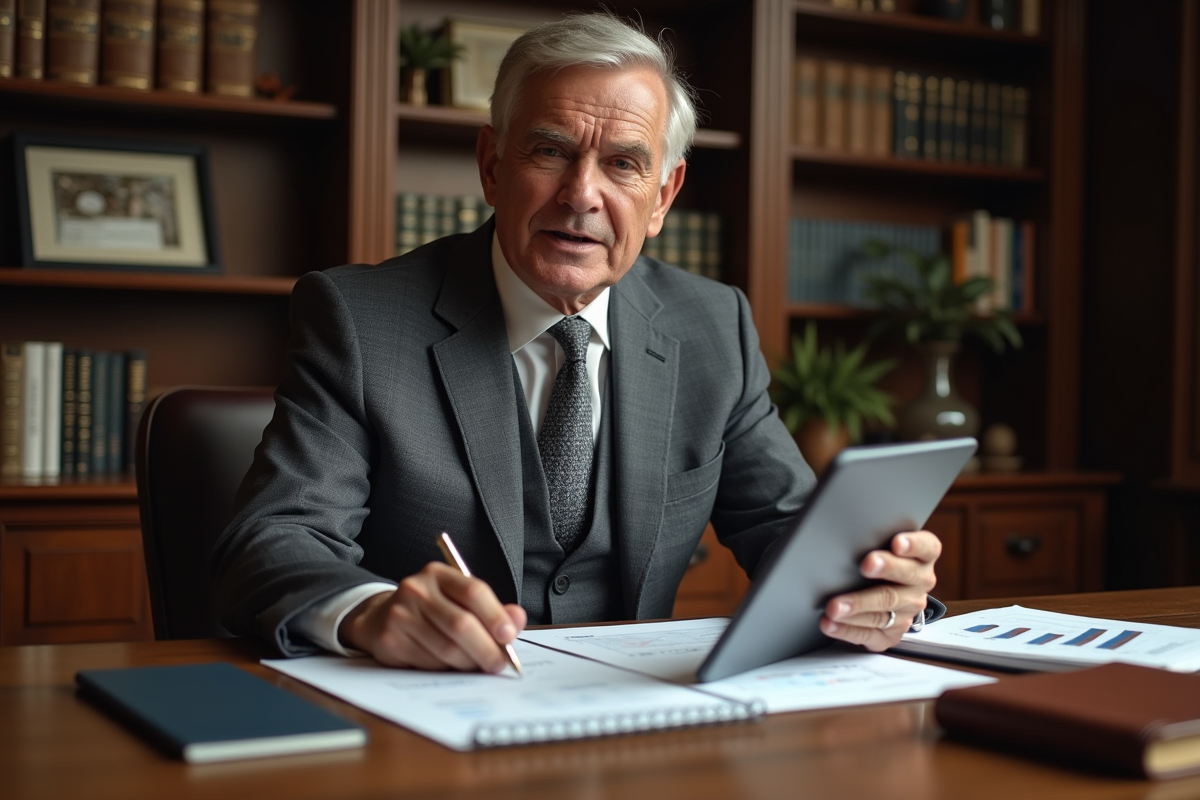 Homme mature analysant rapports financiers dans son bureau
