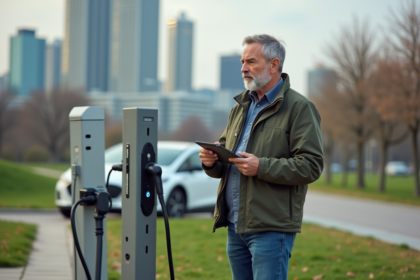 Homme d'âge moyen examine une station de recharge électrique en ville