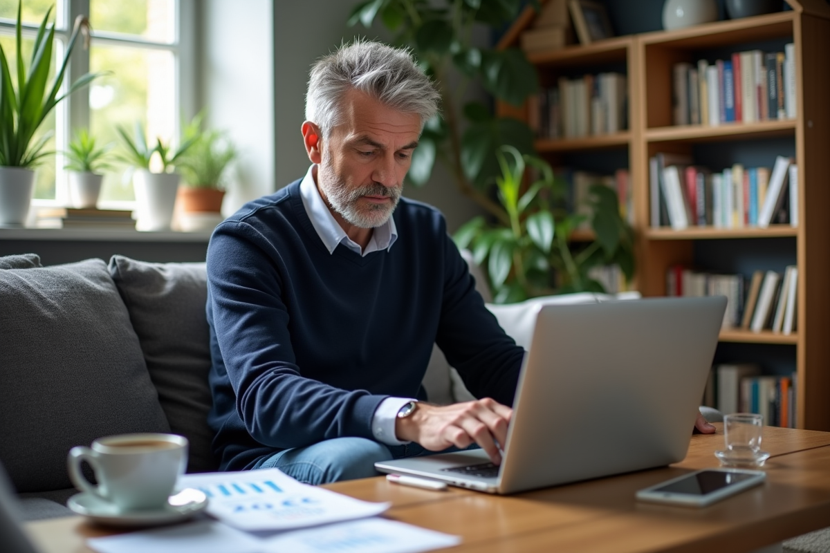 Homme d age moyen utilisant un ordinateur pour comparer taux immobilier