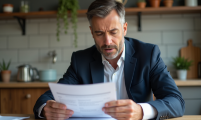 Homme d'âge moyen en costume vérifiant des documents d'assurance dans la cuisine