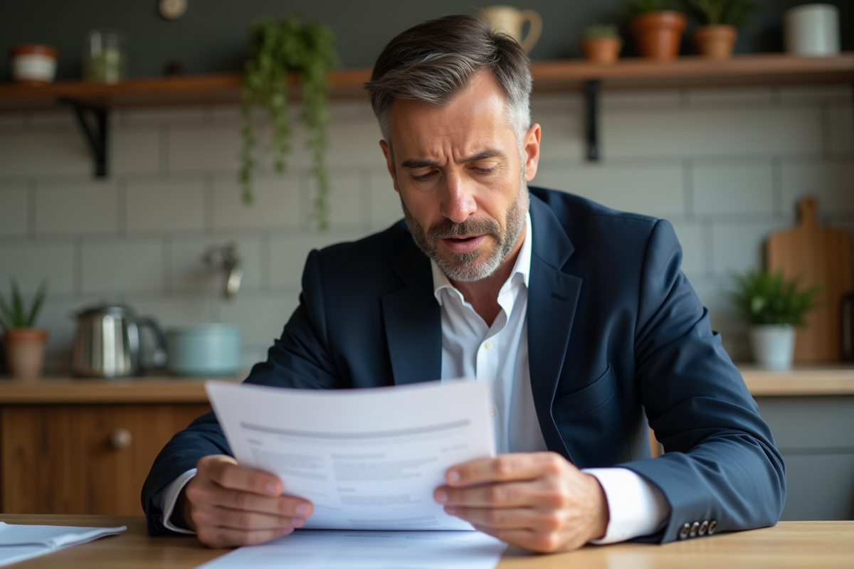 Homme d'âge moyen en costume vérifiant des documents d'assurance dans la cuisine