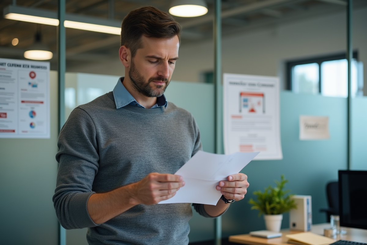 Homme examinant un contrat dans un bureau public