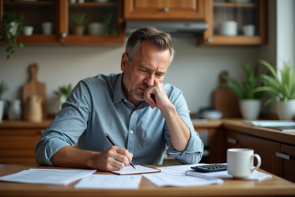 Homme d'âge moyen écrivant dans un carnet dans la cuisine