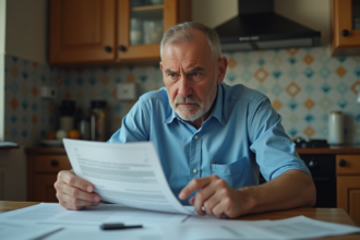 Homme inquiet examinant des papiers dans la cuisine