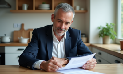 Homme d'âge moyen lisant des documents immobiliers dans une cuisine lumineuse