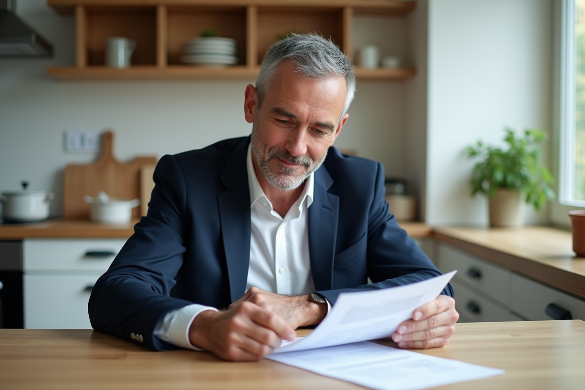 Homme d'âge moyen lisant des documents immobiliers dans une cuisine lumineuse