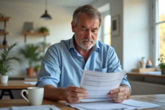 Homme d'âge moyen lisant des papiers dans la cuisine