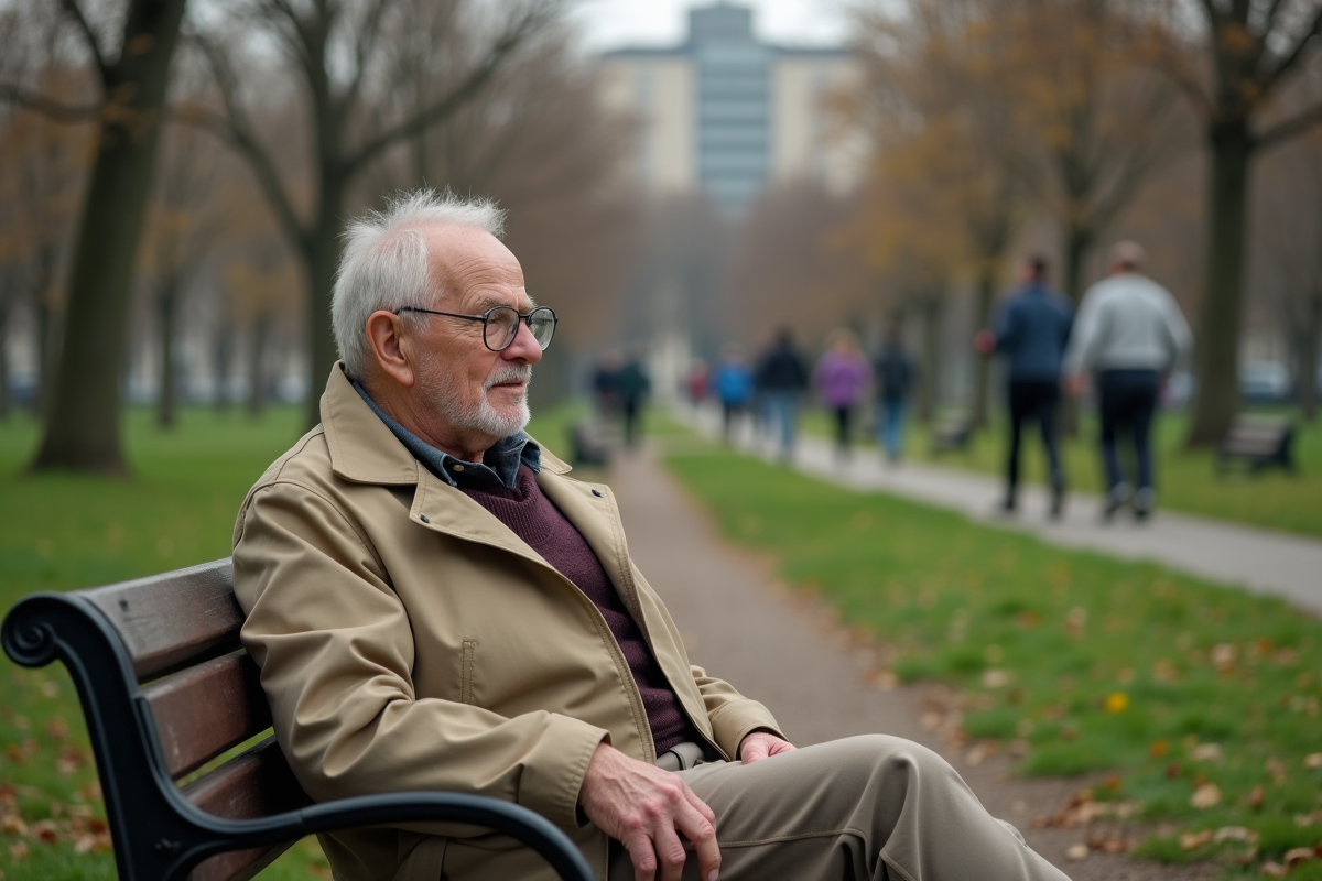 Homme âgé assis sur un banc de parc en réflexion