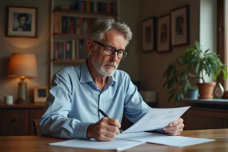 Homme d'âge moyen examine documents de retraite à la maison