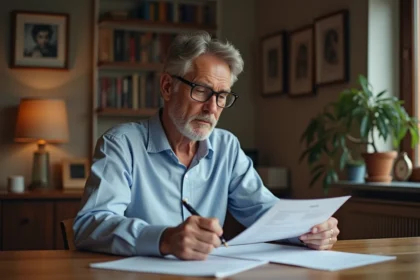 Homme d'âge moyen examine documents de retraite à la maison