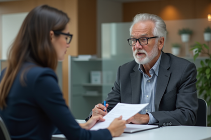 Homme senior en discussion avec une conseillère bancaire
