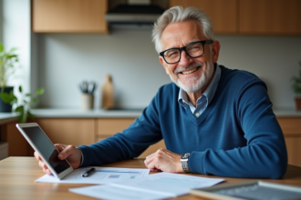 Homme senior souriant en cuisine avec documents financiers
