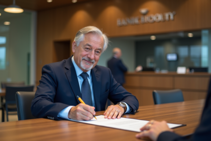 Homme d'âge moyen signant des documents à la banque