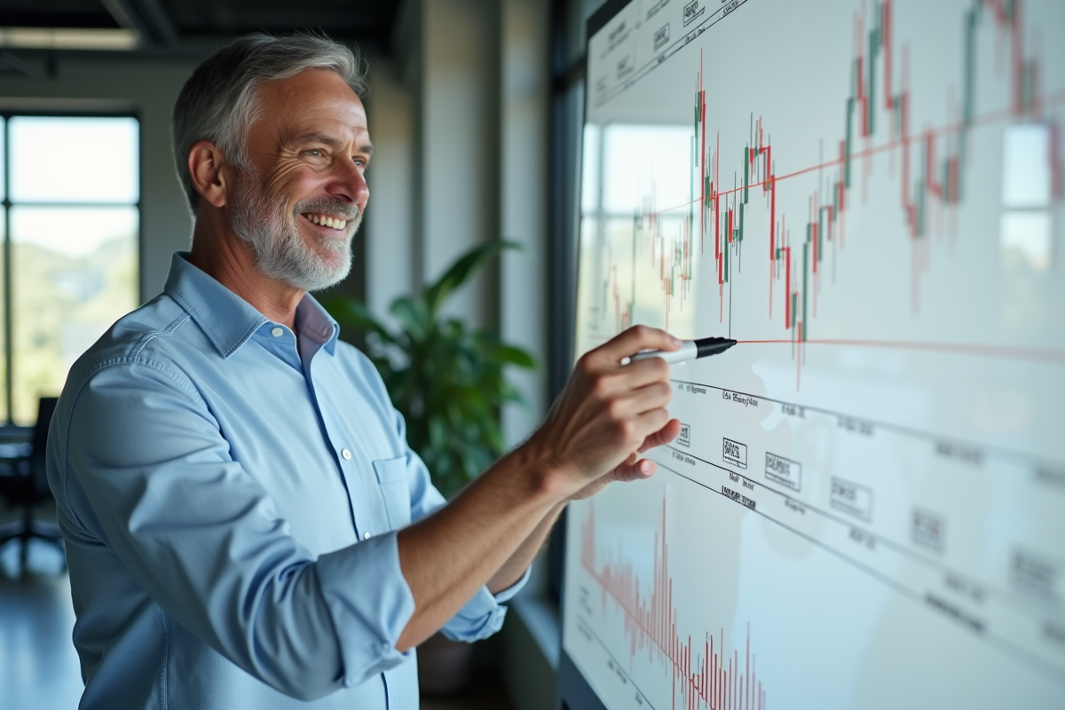 Homme expliquant une ligne de tendance sur un tableau blanc