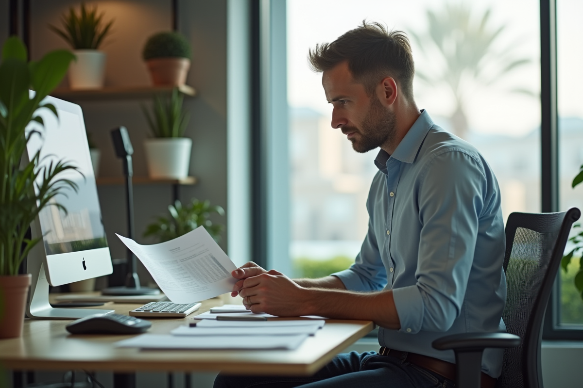 Homme d age moyen vérifiant des documents bancaires