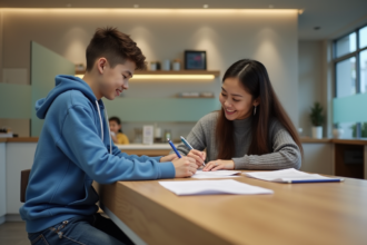 Jeune garçon de 16 ans remplissant un formulaire bancaire dans une banque moderne