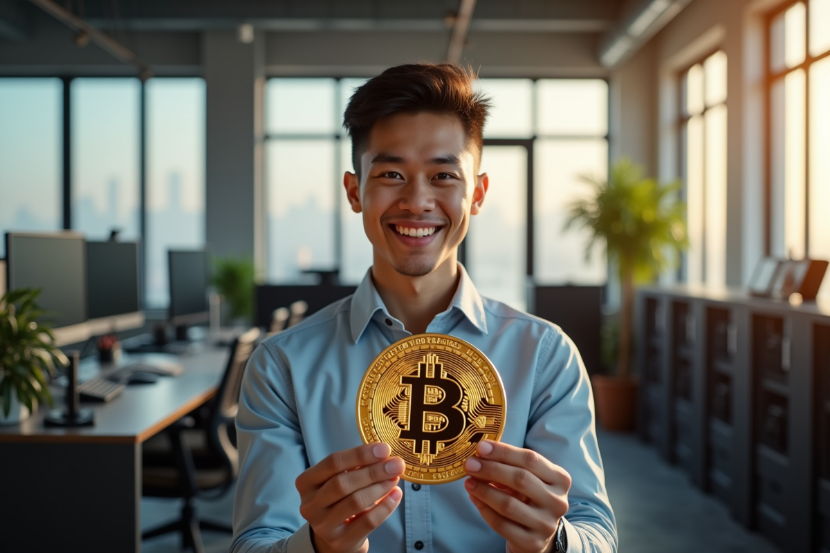 Jeune entrepreneur souriant avec bitcoin en main dans un bureau lumineux