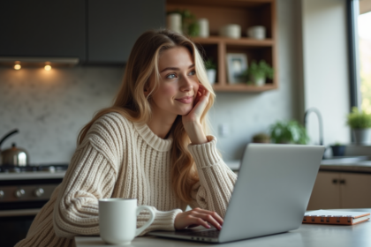 Jeune femme assise à une table de cuisine avec ordinateur