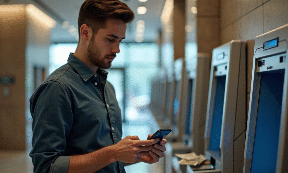 Jeune homme concentré utilisant smartphone et ATM en banque