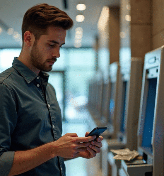Jeune homme concentré utilisant smartphone et ATM en banque