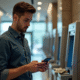 Jeune homme concentré utilisant smartphone et ATM en banque