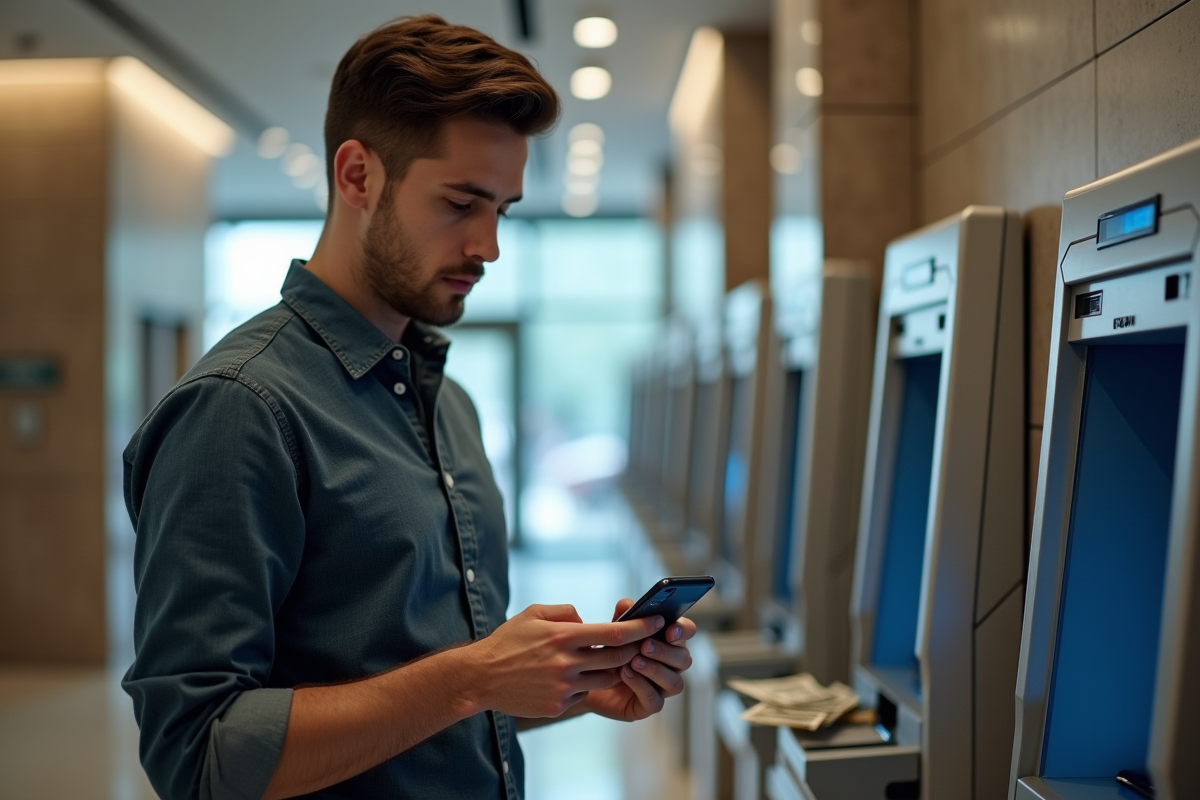 Jeune homme concentré utilisant smartphone et ATM en banque