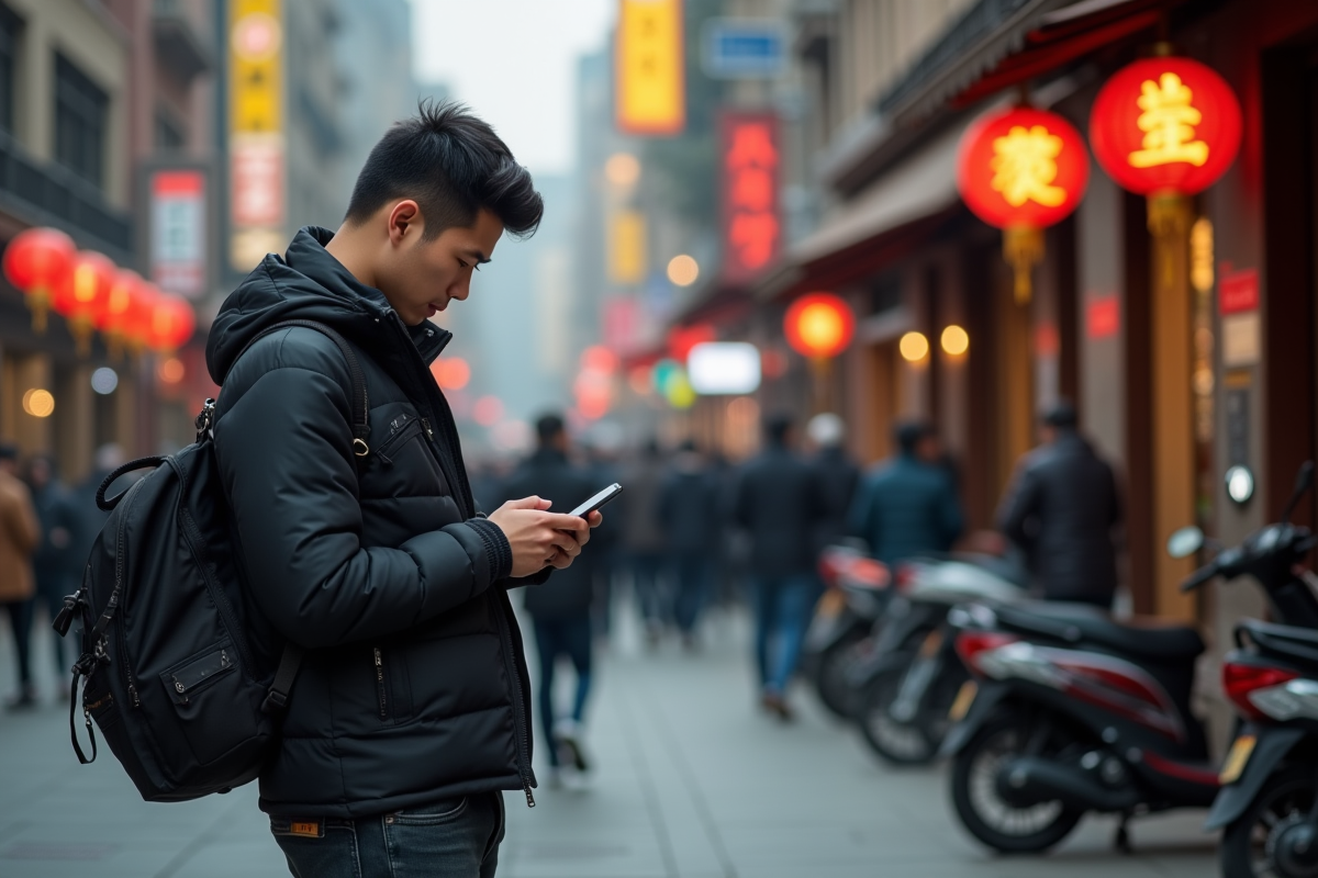 Jeune homme chinois utilisant son smartphone avec logo Bitcoin devant un café à Beijing