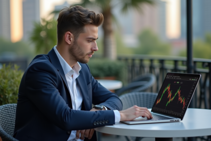 Jeune homme en costume examine un graphique crypto en extérieur
