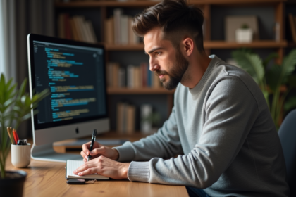 Jeune homme écrivant un mot de passe dans un carnet dans un bureau moderne