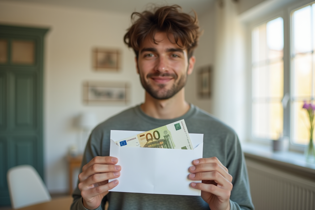 Jeune professionnel ouvrant une enveloppe de salaire avec des billets