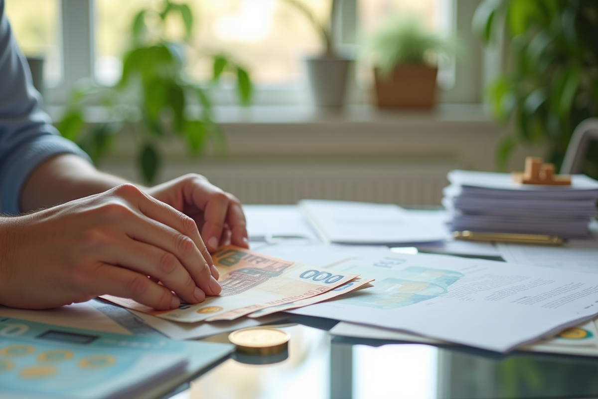 Mains ajustant papiers et billets d euro dans un salon lumineux