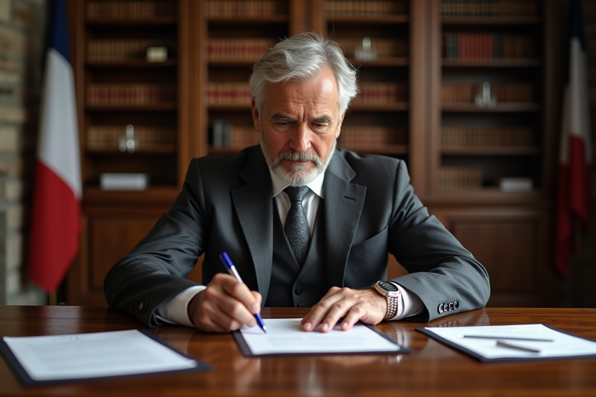 Notaire examinant un document dans un bureau classique