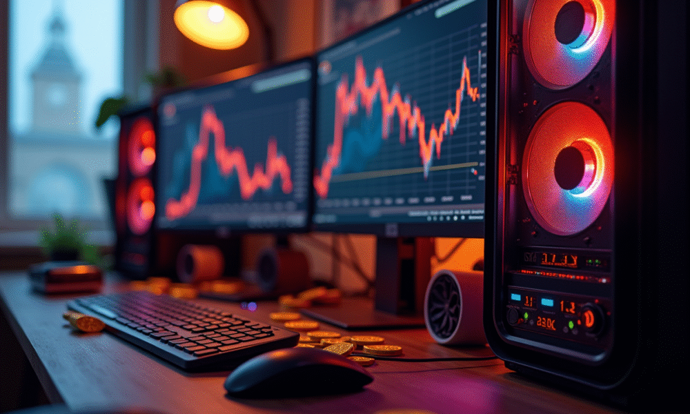 Configuration d'ordinateurs de minage bitcoin avec écrans lumineux