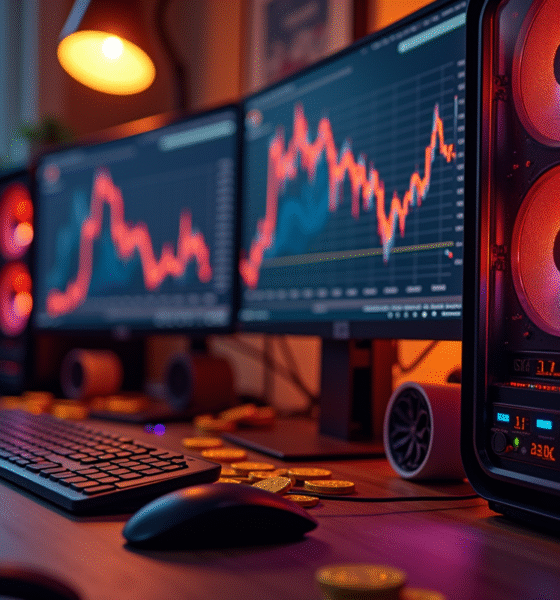Configuration d'ordinateurs de minage bitcoin avec écrans lumineux