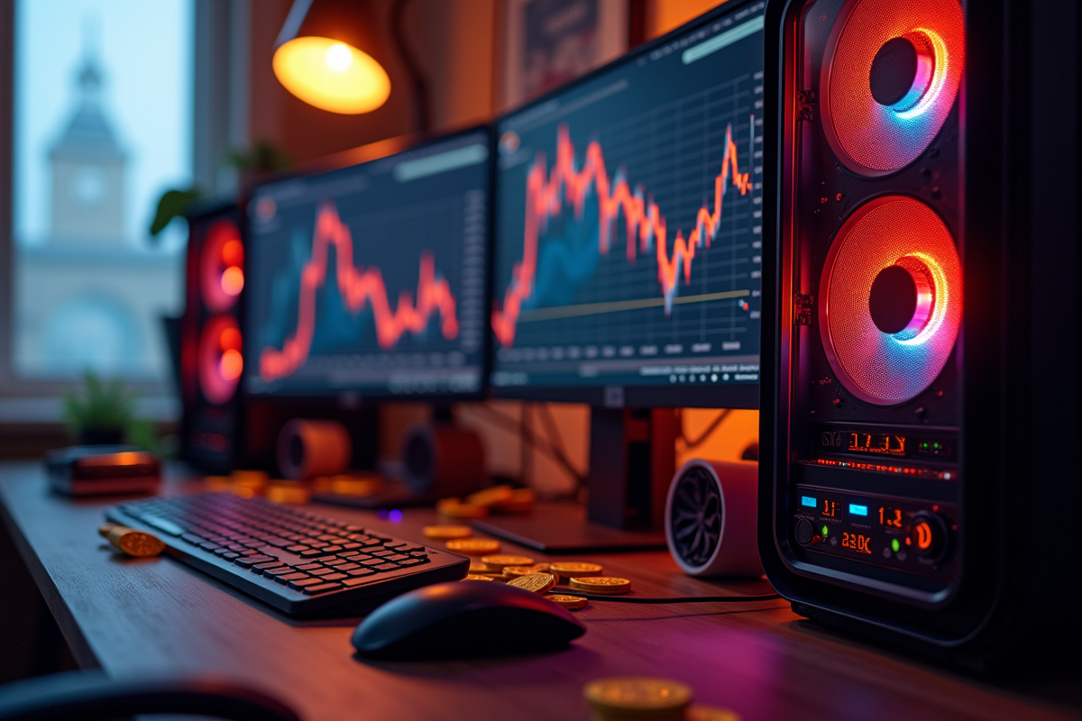 Configuration d'ordinateurs de minage bitcoin avec écrans lumineux