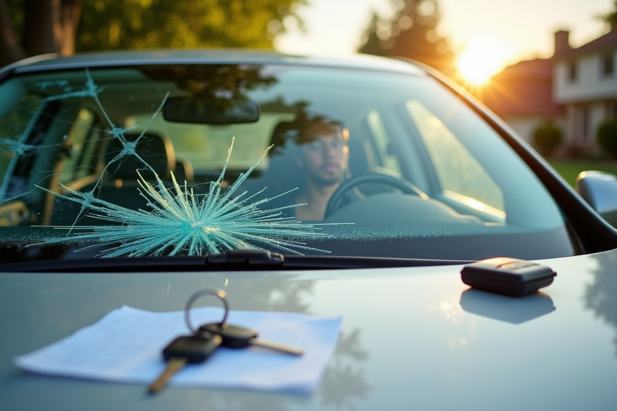 Pare-brise de voiture cassé avec reflet d